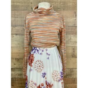 Vintage 1970s Orange Striped Long Sleeve Turtleneck Boho Hippie Size Medium